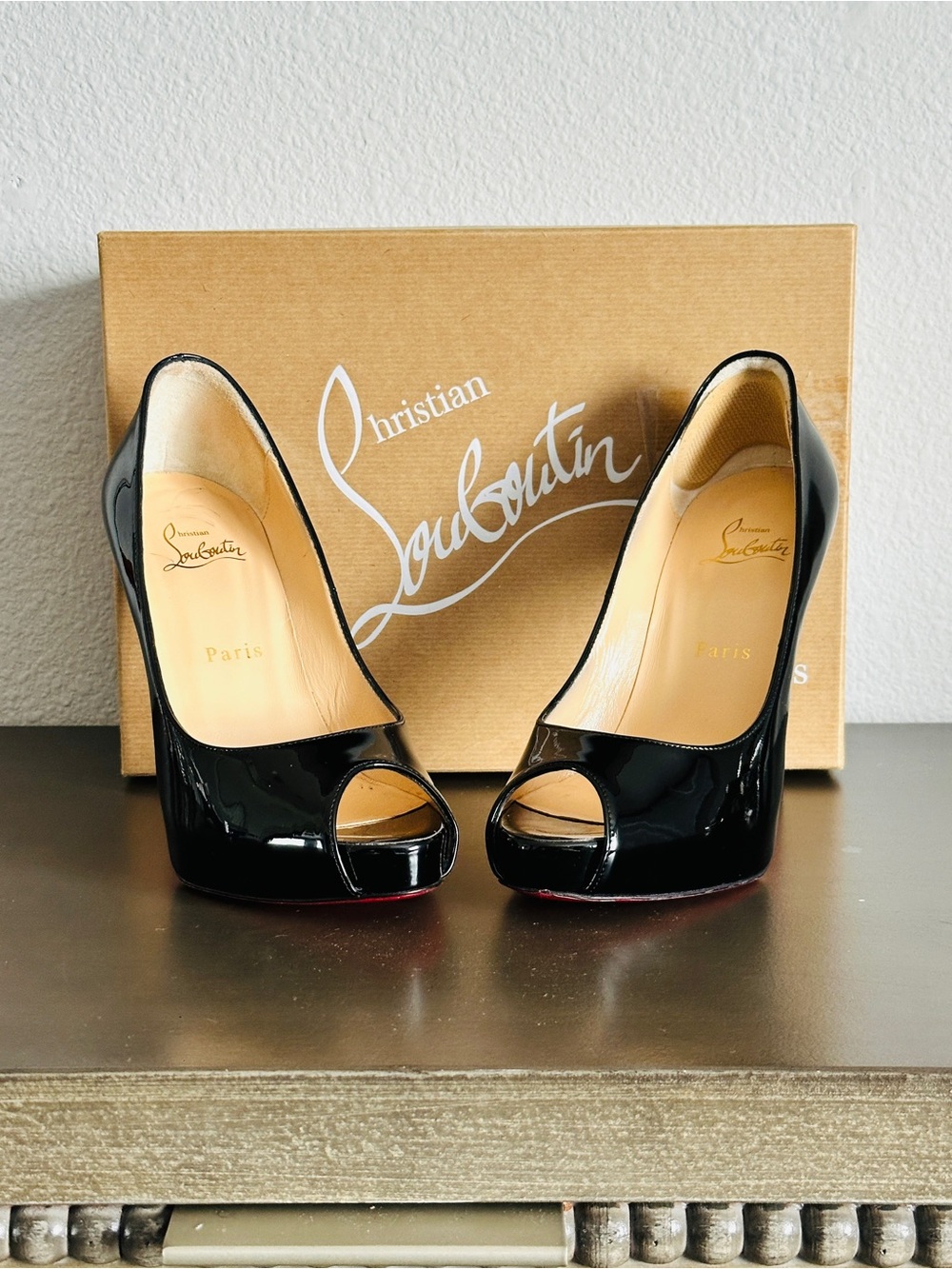 Christian Louboutin Black Patent Peep-Toe Pumps with Red Sole